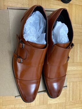 Men's Double Monk Strap Dress Shoes Tan Brown Cap Toe Classic Oxford Size 46 NEW